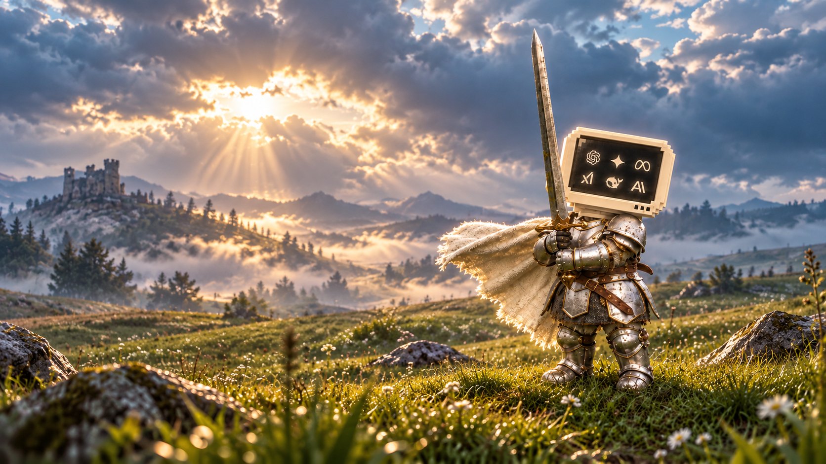 KNIGENCY, a small knight in shining armor with a retro computer monitor for a head, holding a sword in a misty field